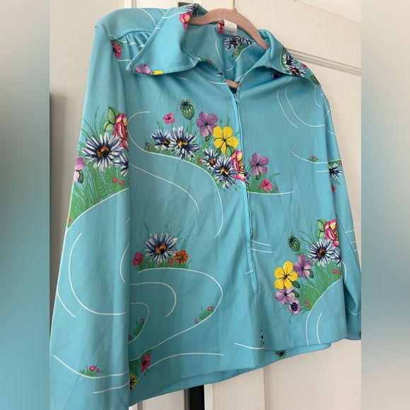 VINTAGE zip up blouse in whimsical floral print light blue size Medium - Picture 4 of 4